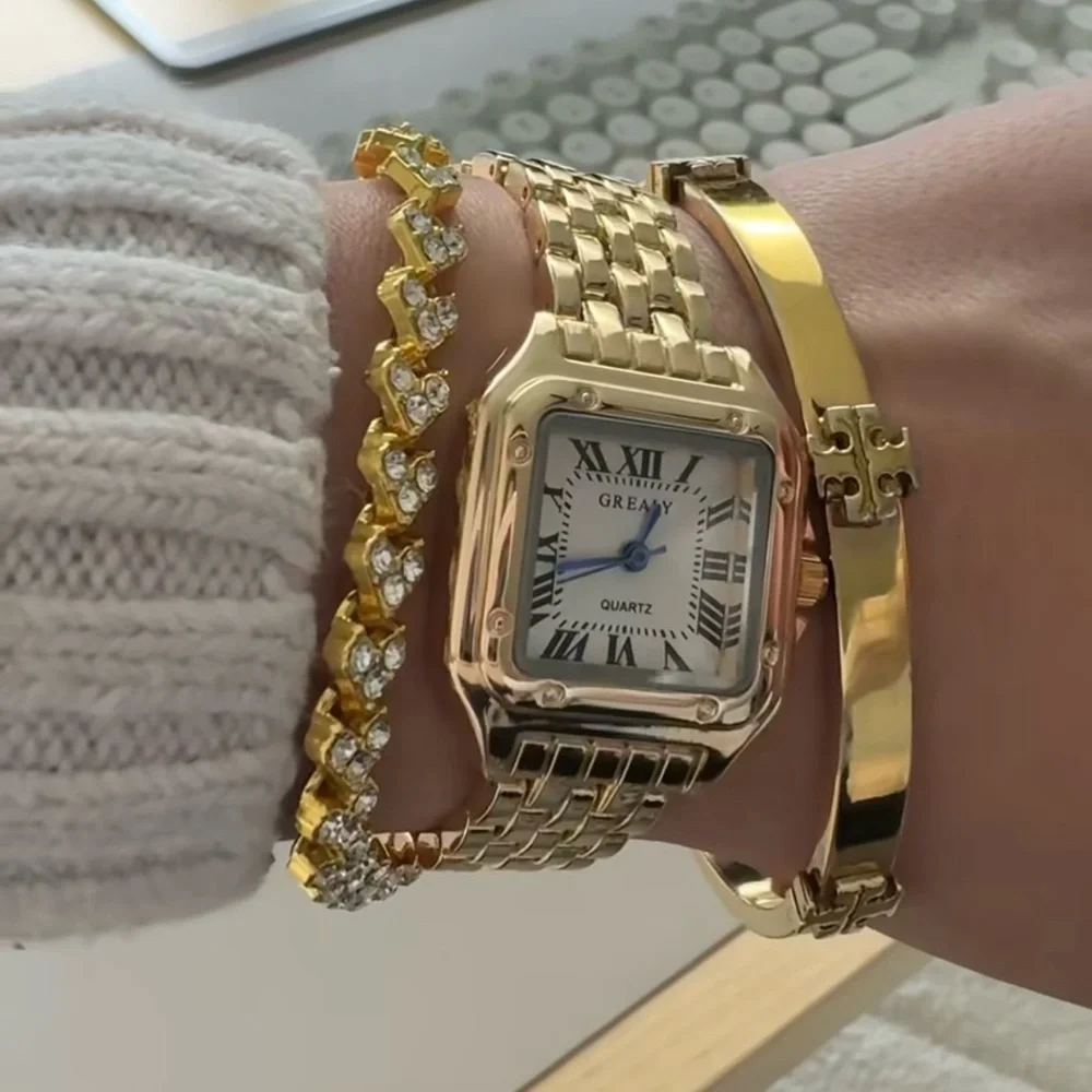 Panthere Classic Rectangle Stainless Steel Gold Watch